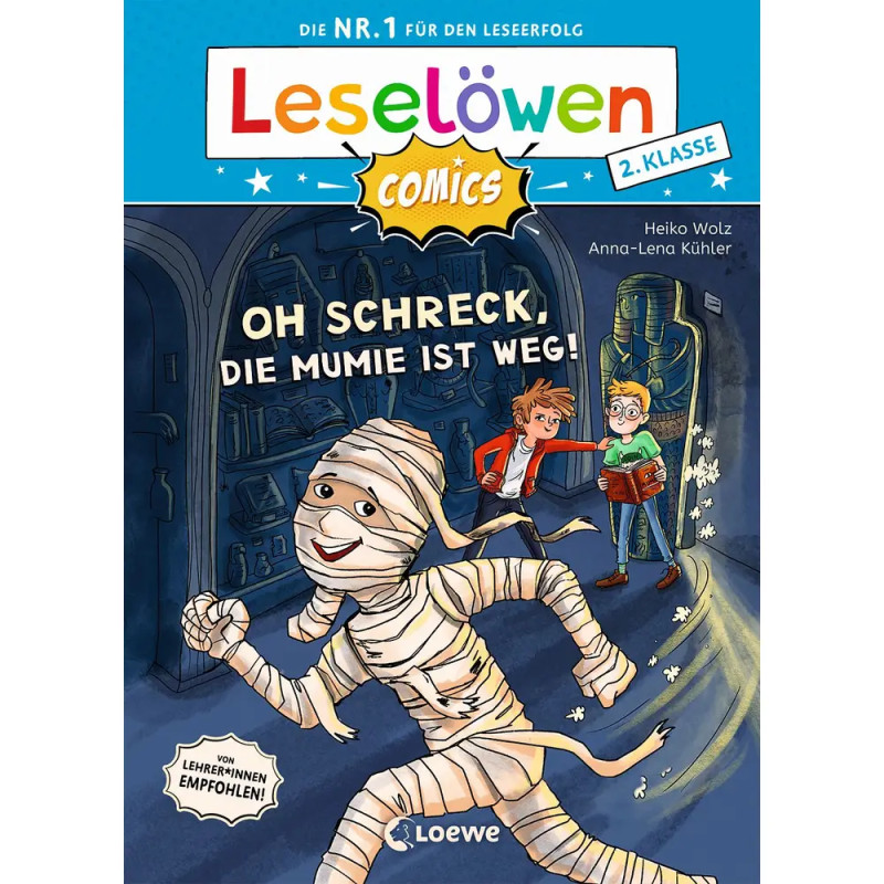Titelbild eines deutschen Comics: Eine Mumie flieht in einer Bibliothek vor zwei erschrockenen Kindern.