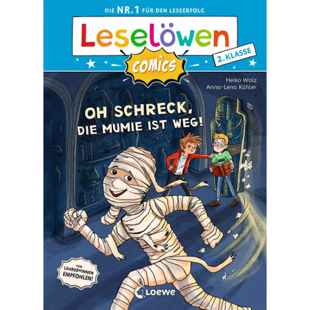 Titelbild eines deutschen Comics: Eine Mumie flieht in einer Bibliothek vor zwei erschrockenen Kindern.