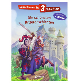 Ritter auf Pferd hebt Schwert vor Burg, darüber deutscher Text zum Lesenlernen in 3 Schritten.