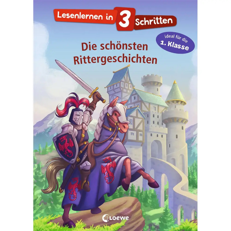 Ritter auf Pferd hebt Schwert vor Burg, darüber deutscher Text zum Lesenlernen in 3 Schritten.