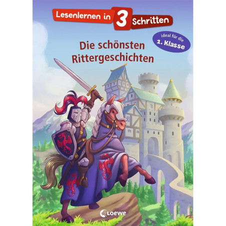 Ritter auf Pferd hebt Schwert vor Burg, darüber deutscher Text zum Lesenlernen in 3 Schritten.