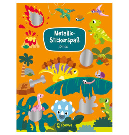 Farbenfrohes Dinosaurier-Stickerbuch mit Comic-Dinos, Vulkanen, Pflanzen und glänzenden Metallic-Stickerflächen.