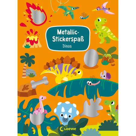 Farbenfrohes Dinosaurier-Stickerbuch mit Comic-Dinos, Vulkanen, Pflanzen und glänzenden Metallic-Stickerflächen.
