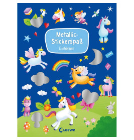 Bunte Einhorn- und Feensticker mit metallischen Akzenten auf blauem Hintergrund mit Wolken, Herzen und Sternen.