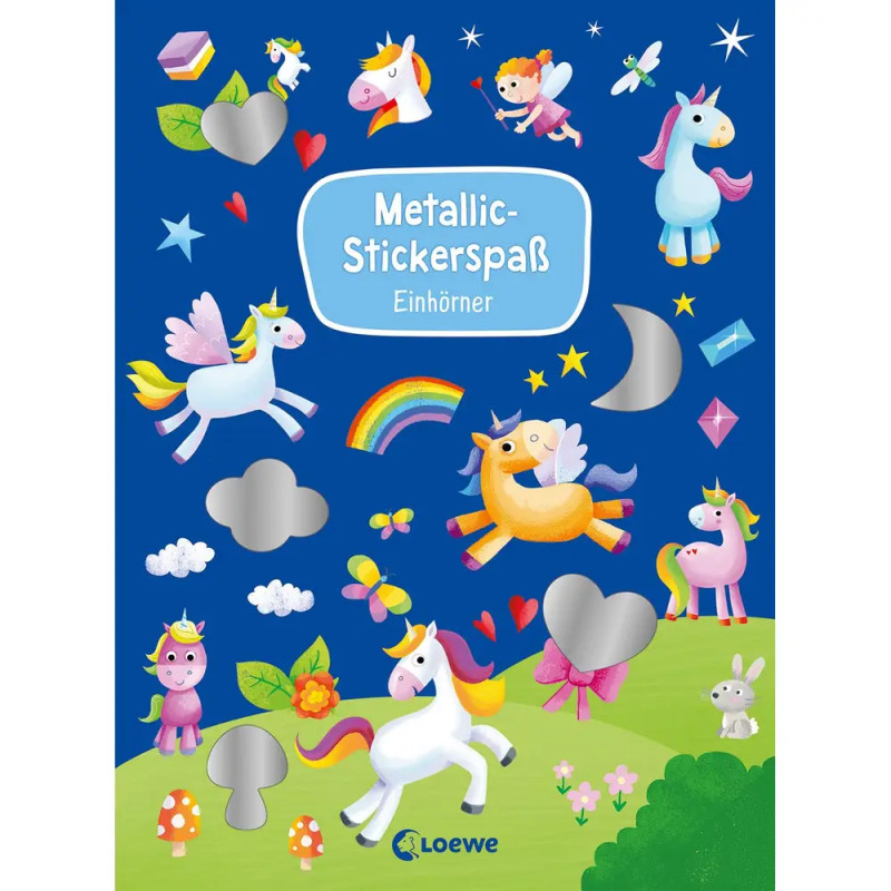 Bunte Einhorn- und Feensticker mit metallischen Akzenten auf blauem Hintergrund mit Wolken, Herzen und Sternen.