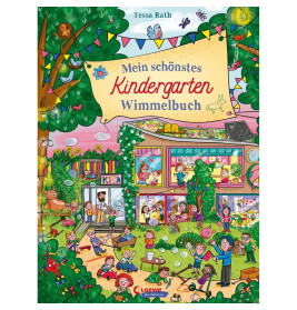 Bunt illustriertes Buchcover mit lebhafter Kindergartenszene, Kinder spielen drinnen und draußen.