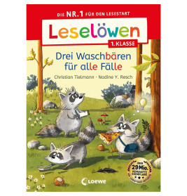 Drei Waschbären picknicken im Wald auf dem Cover eines deutschen Kinderbuchs namens Leselöwen.