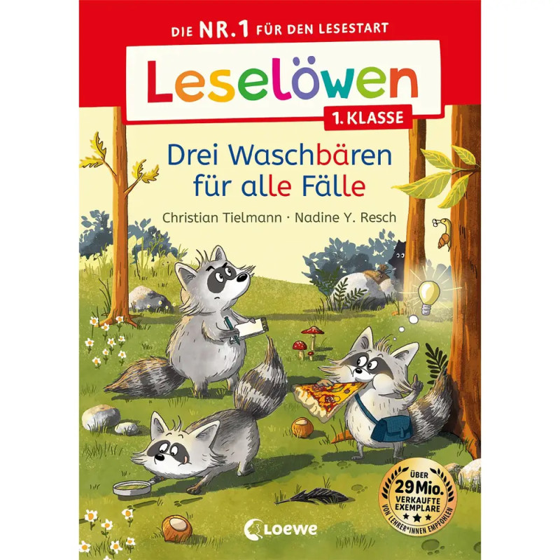 Drei Waschbären picknicken im Wald auf dem Cover eines deutschen Kinderbuchs namens Leselöwen.