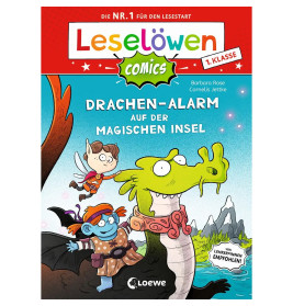 Kinder reiten auf einem grünen Drachen über eine magische Insel mit Bergen im Hintergrund, buntes Comicbuch-Cover.