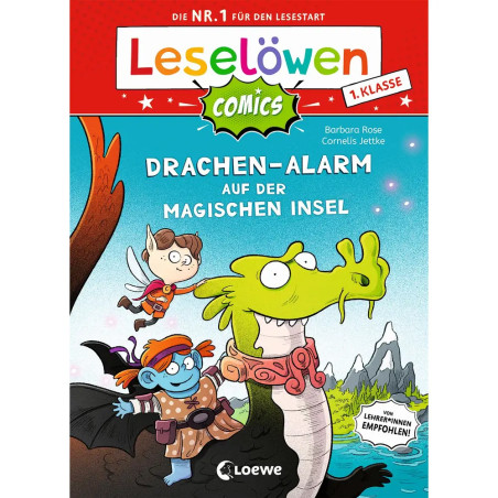 Kinder reiten auf einem grünen Drachen über eine magische Insel mit Bergen im Hintergrund, buntes Comicbuch-Cover.