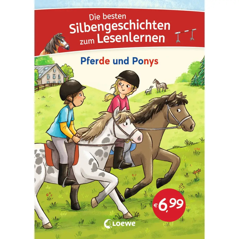 Zwei Kinder reiten auf Pferden in einer Wiese auf einem deutschen Buchcover zum Lesenlernen mit Pferden und Ponys.