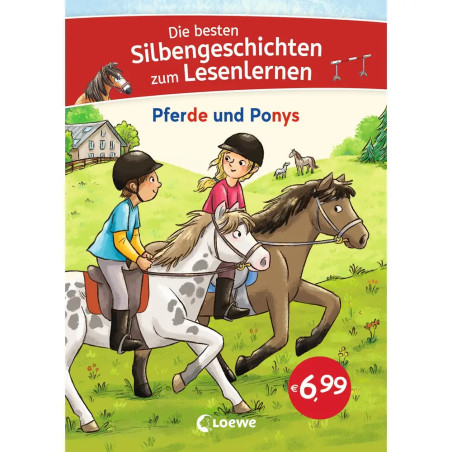 Zwei Kinder reiten auf Pferden in einer Wiese auf einem deutschen Buchcover zum Lesenlernen mit Pferden und Ponys.