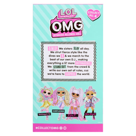 Rückseite der Box mit vier gezeichneten LOL Surprise O.M.G.-Puppen und farbigem Text zu ihrem einzigartigen Stil.