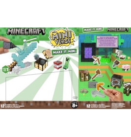 Verpackung des Minecraft Mini Verse Sets mit Mini-Schwert, Blöcken und Bastelzubehör auf grünem Hintergrund.