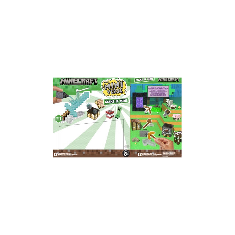 Verpackung des Minecraft Mini Verse Sets mit Mini-Schwert, Blöcken und Bastelzubehör auf grünem Hintergrund.