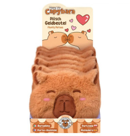 Schachtel mit Plüsch-Capybara-Geldbörsen mit roten Bäckchen und Capybara-Zeichnung auf dem Schild.