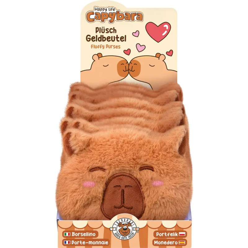 Schachtel mit Plüsch-Capybara-Geldbörsen mit roten Bäckchen und Capybara-Zeichnung auf dem Schild.