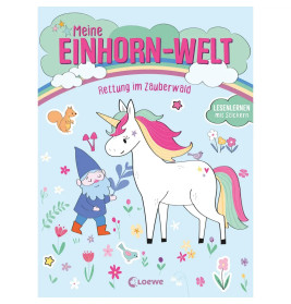 Cartoon-Wichtel überreicht einem Einhorn unter Regenbögen eine Blume, mit deutschem Text und bunten Verzierungen.