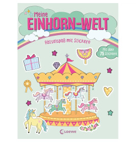 Buntes deutsches Einhorn-Stickerbuch mit Karussell, Einhörnern, Regenbögen und verspielten Dekorationen.