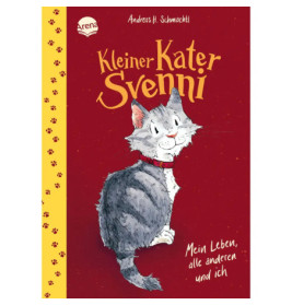 Graue Katze mit rotem Halsband auf rotem Buchcover Kleiner Kater Svenni von Andreas H. Schmachtl.