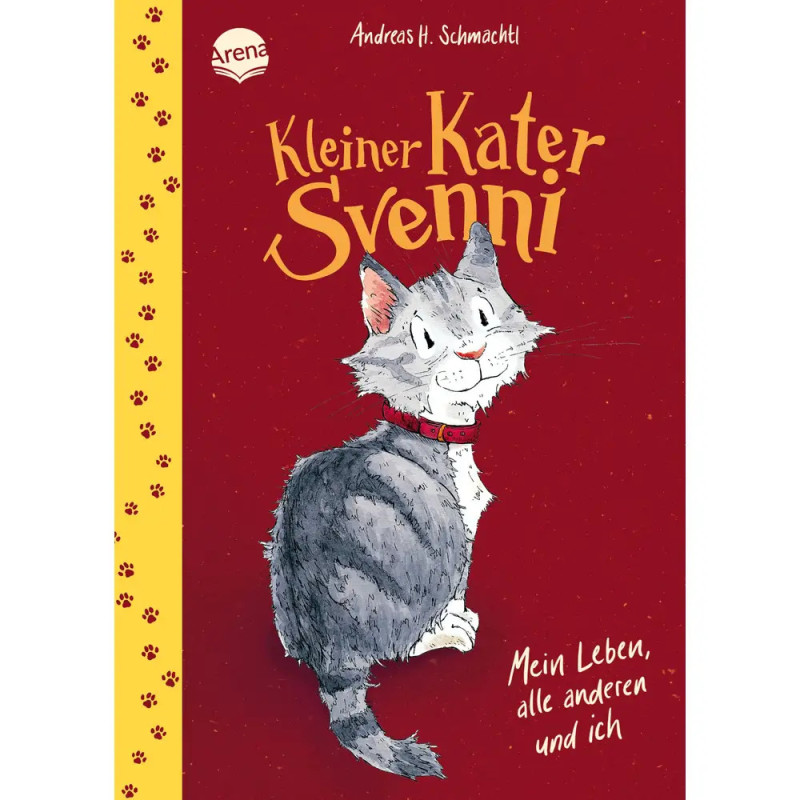 Graue Katze mit rotem Halsband auf rotem Buchcover Kleiner Kater Svenni von Andreas H. Schmachtl.