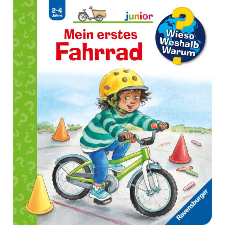 Ein Kind mit Helm fährt auf dem Buchcover ein grünes Fahrrad um Verkehrskegel.