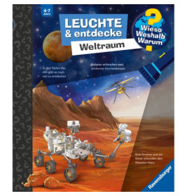 Kinderbuchcover: Mars, Rover, Drohne und Satellit im All, mit deutschem Text.