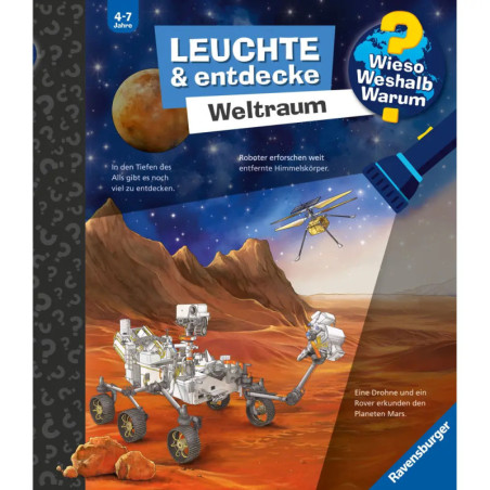 Kinderbuchcover: Mars, Rover, Drohne und Satellit im All, mit deutschem Text.
