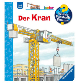 Illustration: Gelber Kran hebt Betonelement auf Baustelle, Arbeiter stehen in der Nähe.
