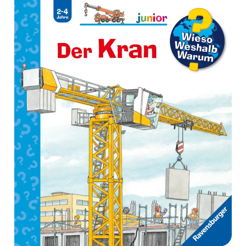 Illustration: Gelber Kran hebt Betonelement auf Baustelle, Arbeiter stehen in der Nähe.