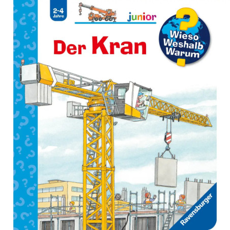 Illustration: Gelber Kran hebt Betonelement auf Baustelle, Arbeiter stehen in der Nähe.