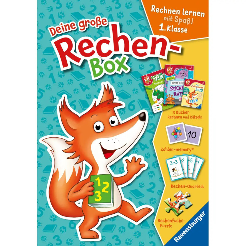 Cartoon-Fuchs mit Zahlenkarten, bunten Mathe-Spielutensilien und deutschem Text auf türkisfarbenem Hintergrund.