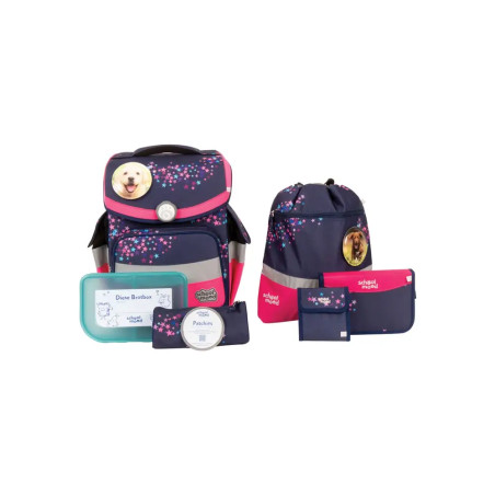 Marine- und pinkfarbenes Schulrucksack-Set mit Sternenmuster, passenden Taschen, Behältern und einem Hund-Abzeichen.
