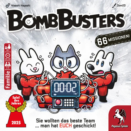 Drei nervöse Comic-Tiere sitzen vor einem Timer, der 00:02 zeigt. Darüber steht der Titel BombBusters.