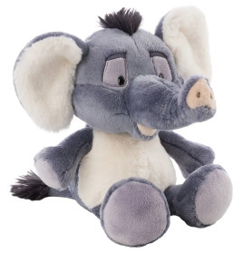 Grau-weißes Plüschelefant mit großen Ohren, langem Rüssel und dunklem Haarschopf auf dem Kopf.
