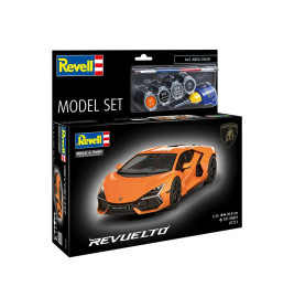 Revell-Set mit Modellauto Lamborghini Revuelto in Orange, inklusive Farben und Pinsel auf der Verpackung abgebildet.