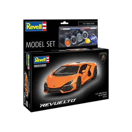 Revell-Set mit Modellauto Lamborghini Revuelto in Orange, inklusive Farben und Pinsel auf der Verpackung abgebildet.