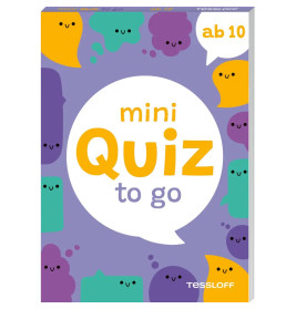 Bunte Mini Quiz to go Kartenspielbox mit Cartoon-Motiven auf lila Grund, beschriftet mit ab 10.