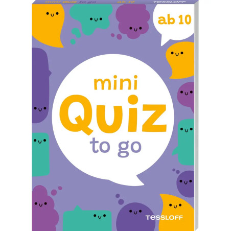 Bunte Mini Quiz to go Kartenspielbox mit Cartoon-Motiven auf lila Grund, beschriftet mit ab 10.