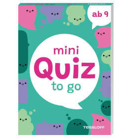 Buchcover mit bunten Cartoonformen und Schriftzug mini Quiz to go ab 9 auf türkisfarbenem Hintergrund.
