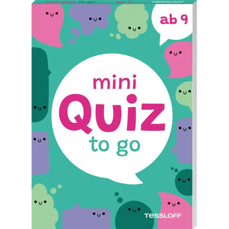 Buchcover mit bunten Cartoonformen und Schriftzug "mini Quiz to go ab 9" auf türkisfarbenem Hintergrund.