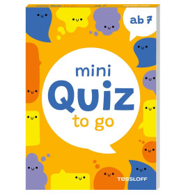 Box mit Mini-Quiz, bunte Cartoon-Formen auf orangefarbenem Hintergrund, geeignet für Kinder ab 7 Jahren.