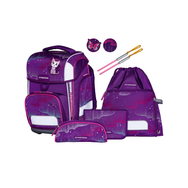 Lila Schulranzen-Set mit Tiermotiven: Rucksack, Turnbeutel, Mäppchen und Zubehör.