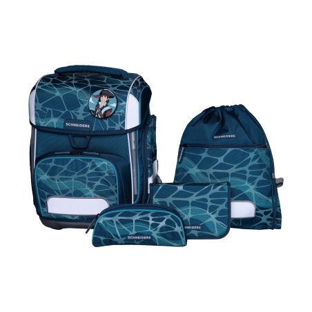 Blau-türkises Schulrucksack-Set mit passenden Taschen und Turnbeutel im Giraffenmuster-Design.