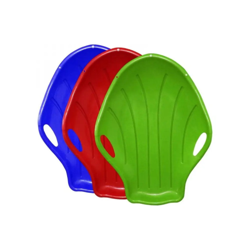 Drei Kunststoff-Schlitten in Blau, Rot und Grün mit seitlichen Griffen sind übereinandergestapelt.