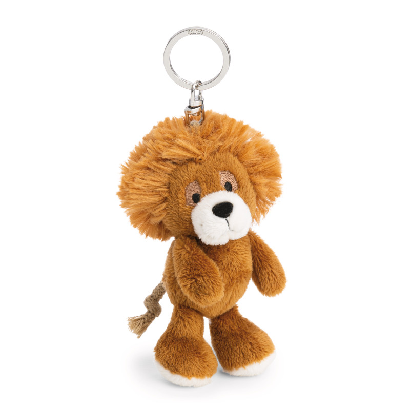 Plüsch-Löwen-Schlüsselanhänger mit flauschiger Mähne und kleinem Schwanz an einem silbernen Schlüsselring befestigt.