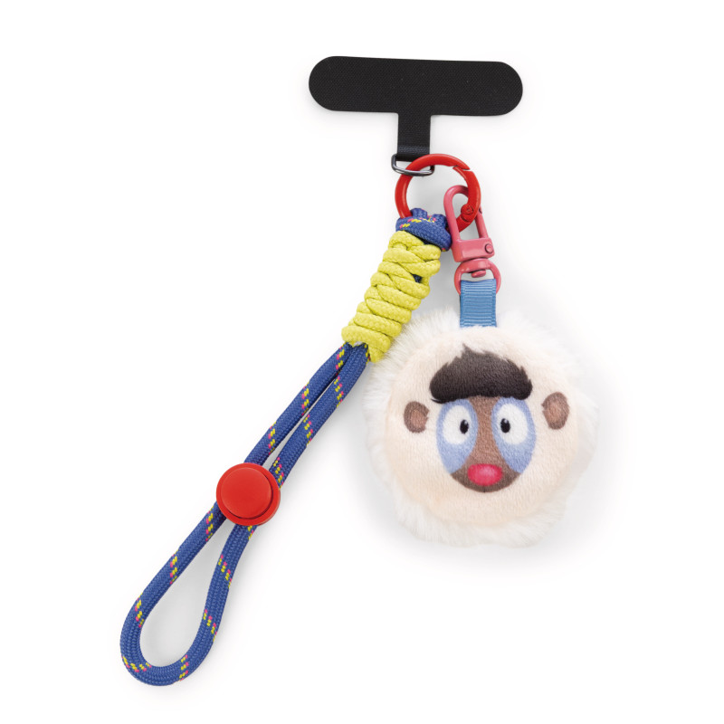 Schlüsselanhänger mit Plüschgesicht, gelber Kordel, blauer Schlaufe und rotem Verschluss an schwarzem Halter.