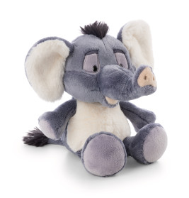 Grauer Plüschelefant mit großen Ohren, weißem Bauch und schwarzem Haarbüschel am Kopf.