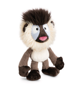 Plüschaffe mit stachligem braunen Haar, großen Augen und creme-braunem Fell steht aufrecht.