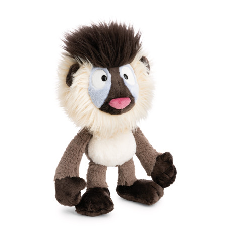 Plüschaffe mit stachligem braunen Haar, großen Augen und creme-braunem Fell steht aufrecht.